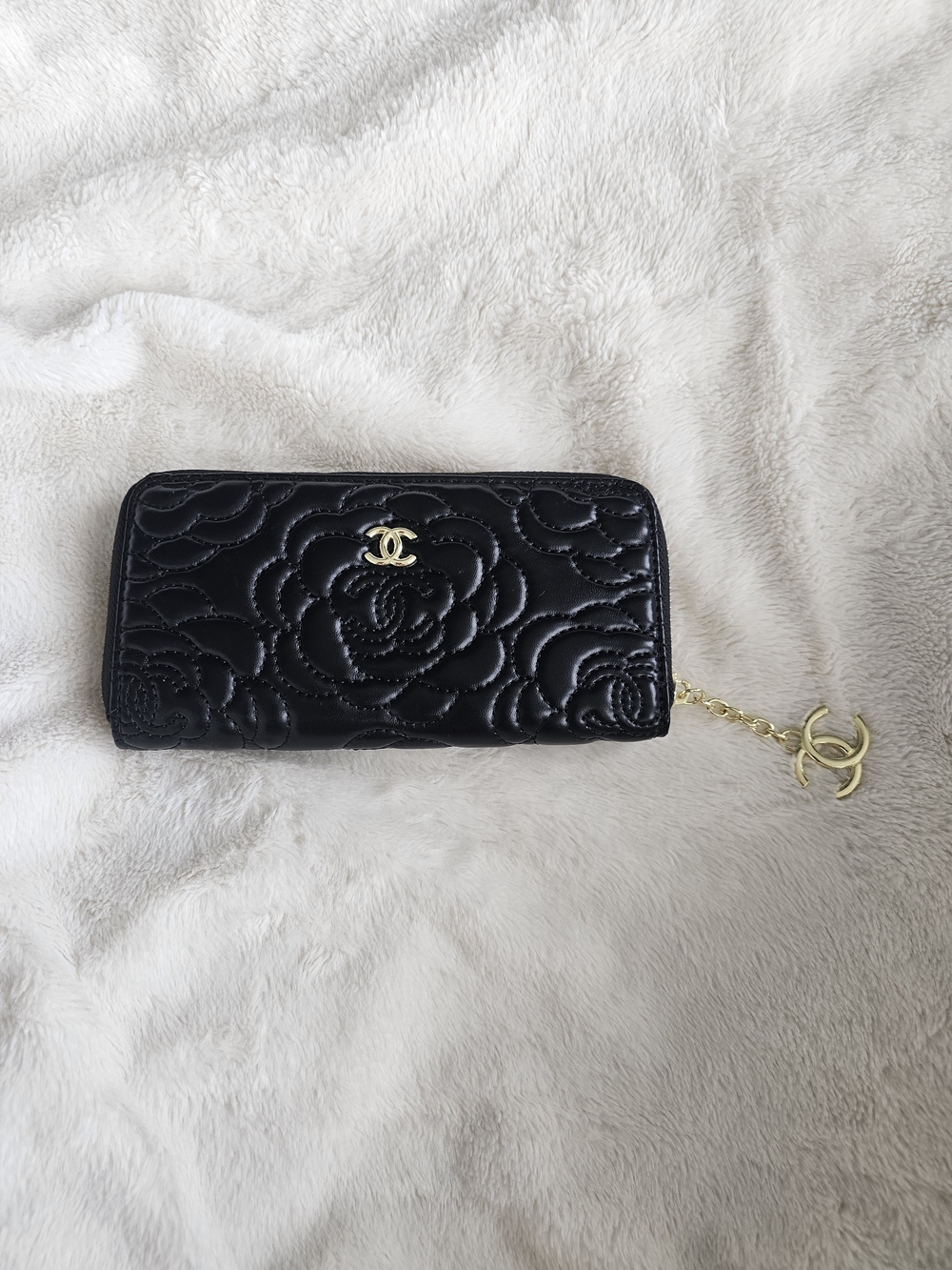 Black Quilted Zip Wallet with Gold CC Charm
